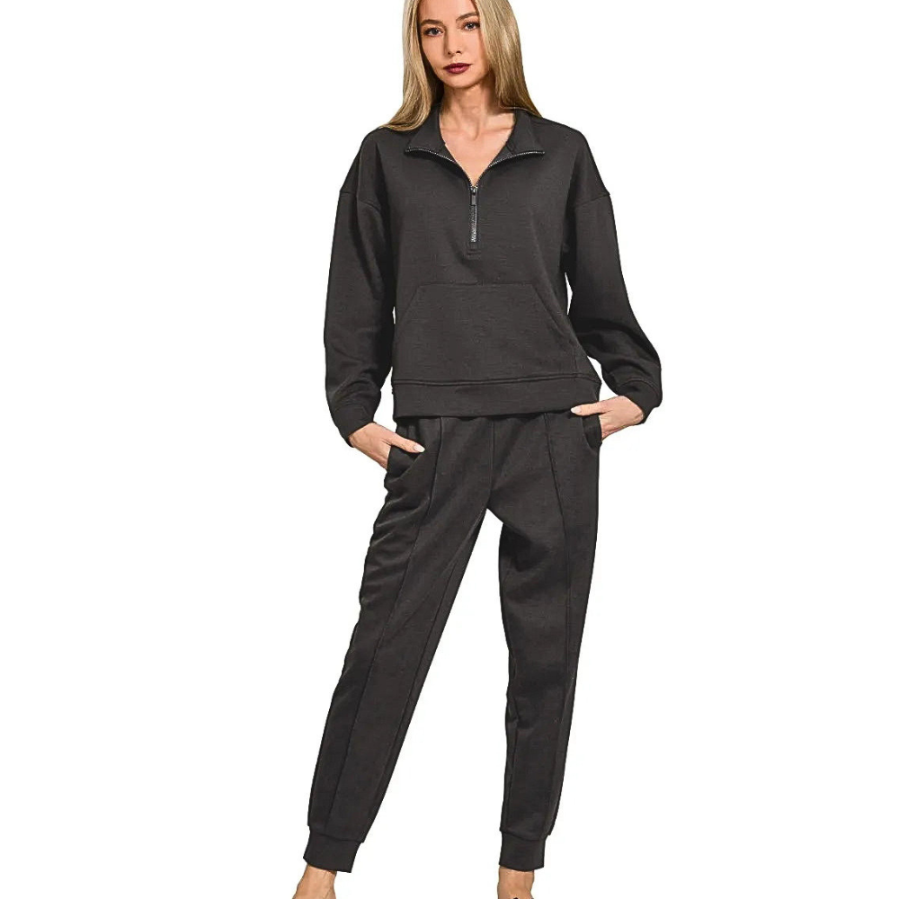 Zenana Casual Outfit Set Black Scuba Half Zip Sweatshirt & Jogger Pants 2 Pcs