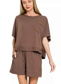 Zenana Casual Outfit Set Brown Exposed Seam Boxy Top & Shorts Women Two‑Piece S‑L- STYLEINGER