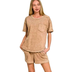 Zenana Casual Outfit Set Brown Halo Snow Washed Short Sleeve Top and Shorts Set