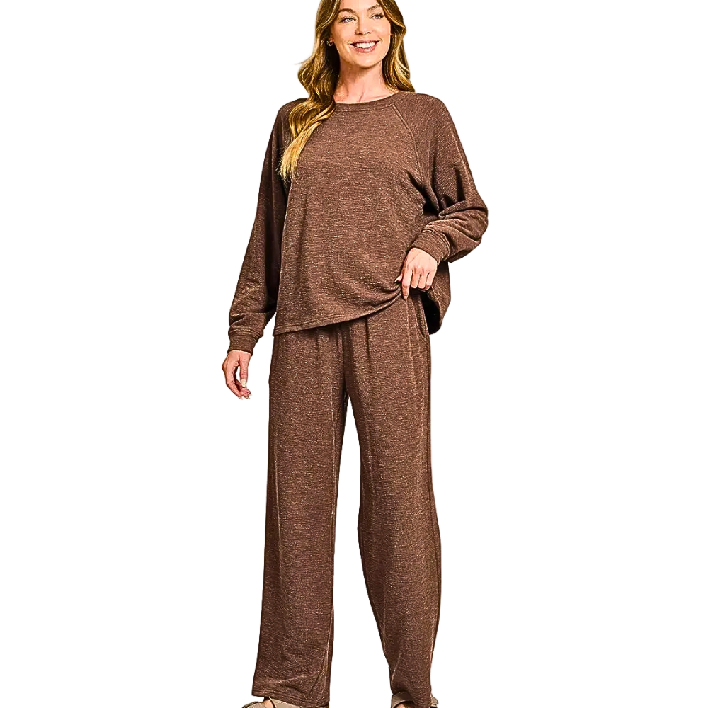 Zenana Casual Outfit Set Brown Slub Long Sleeve Top & Pants Lightweight Everyday Set