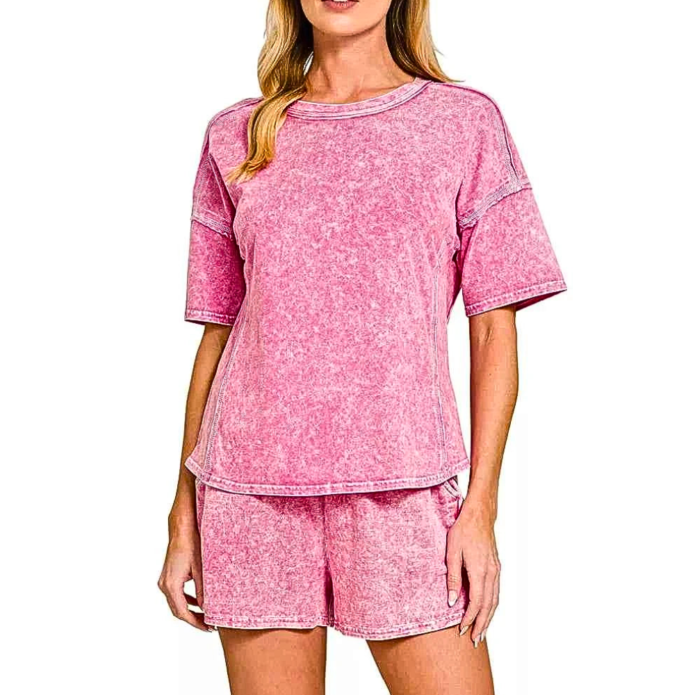 Zenana Casual Outfit Set Hot Pink Halo Snow Washed Short Sleeve Top and Shorts