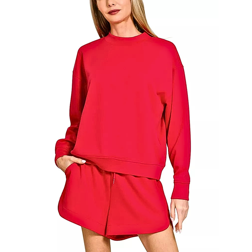 Zenana Casual Outfit Set Ruby Red Fleece Swetashirt Long Sleeve and Shorts 2 Pcs