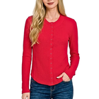 Zenana Casual Red Cardigan Lightweight Knit Snap Round Neck Long Sleeve