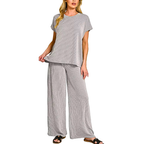 Zenana Casual Rib Outfit Set Short Sleeve Top and Wide Leg Loose Pants Gray 2Pcs