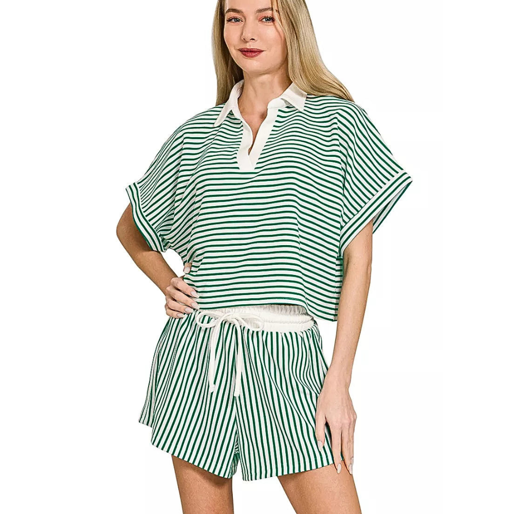 Zenana Casual Set Green Striped V-Neck Collared Top & Drawstring Shorts