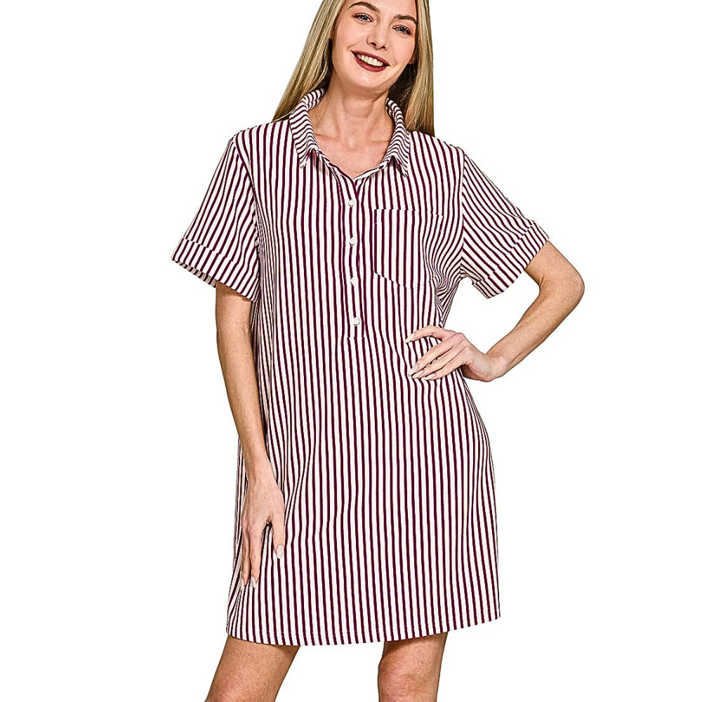 Zenana Casual Shirt Dress Red Stripe Halp Button-up Short Sleeve Front Pocket