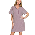 Zenana Casual Shirt Dress Red Stripe Halp Button-up Short Sleeve Front Pocket