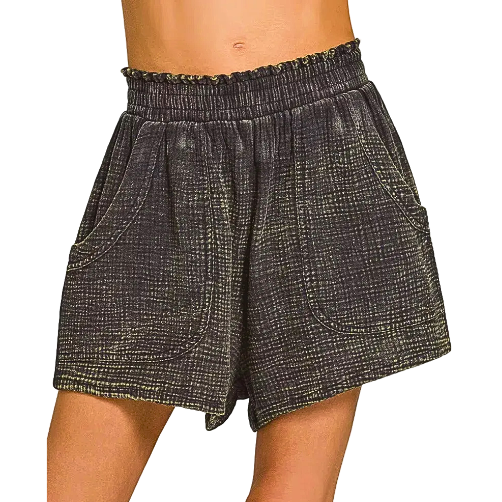 Zenana Casual Short Cotton Gauze Double Washed Ash Black Elastic Waist Front Pocket