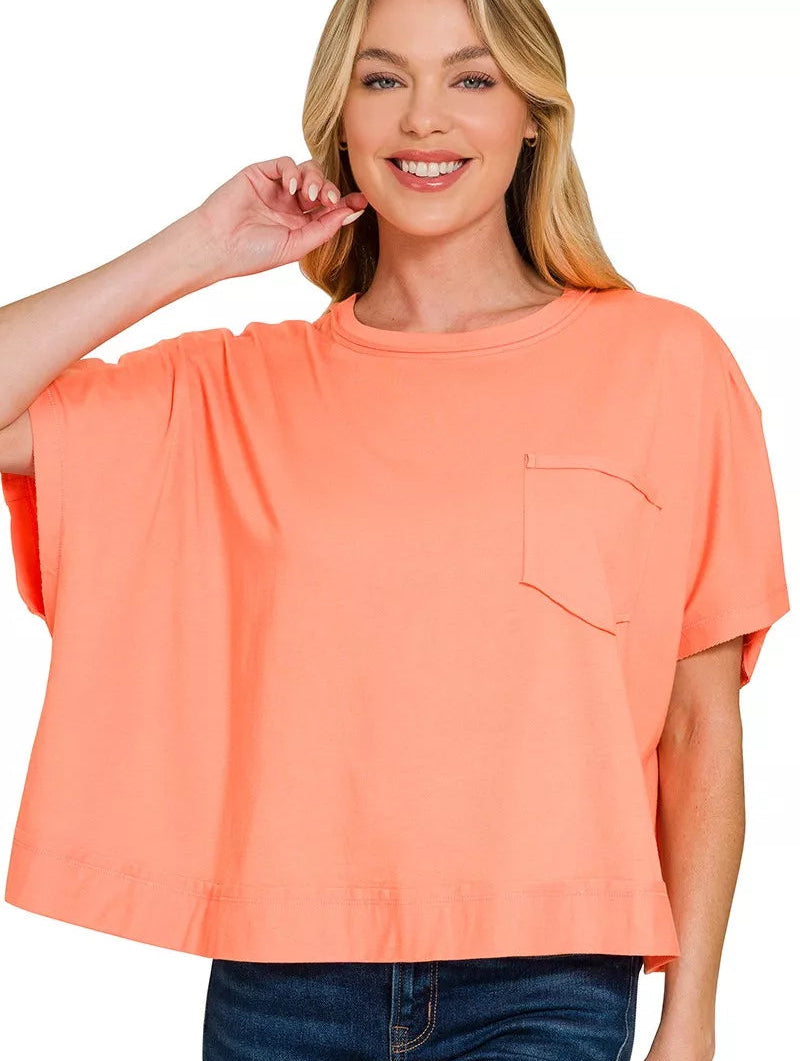 Zenana Casual Short Sleeve T-shirt Coral Exposed Seam Boxy Women Ribbed Top - Styleinger