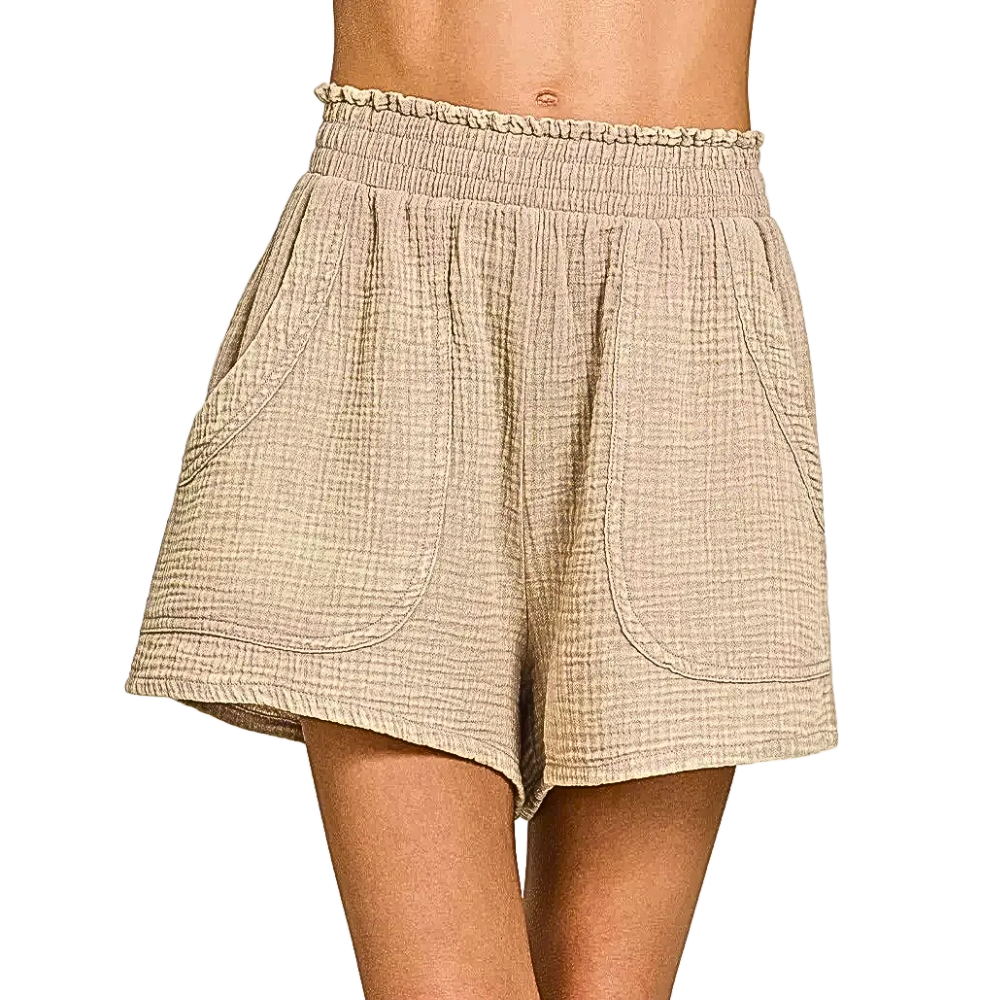 Zenana Casual Shorts Cotton Washed Double Gauze Lightweight Elastic High Waist