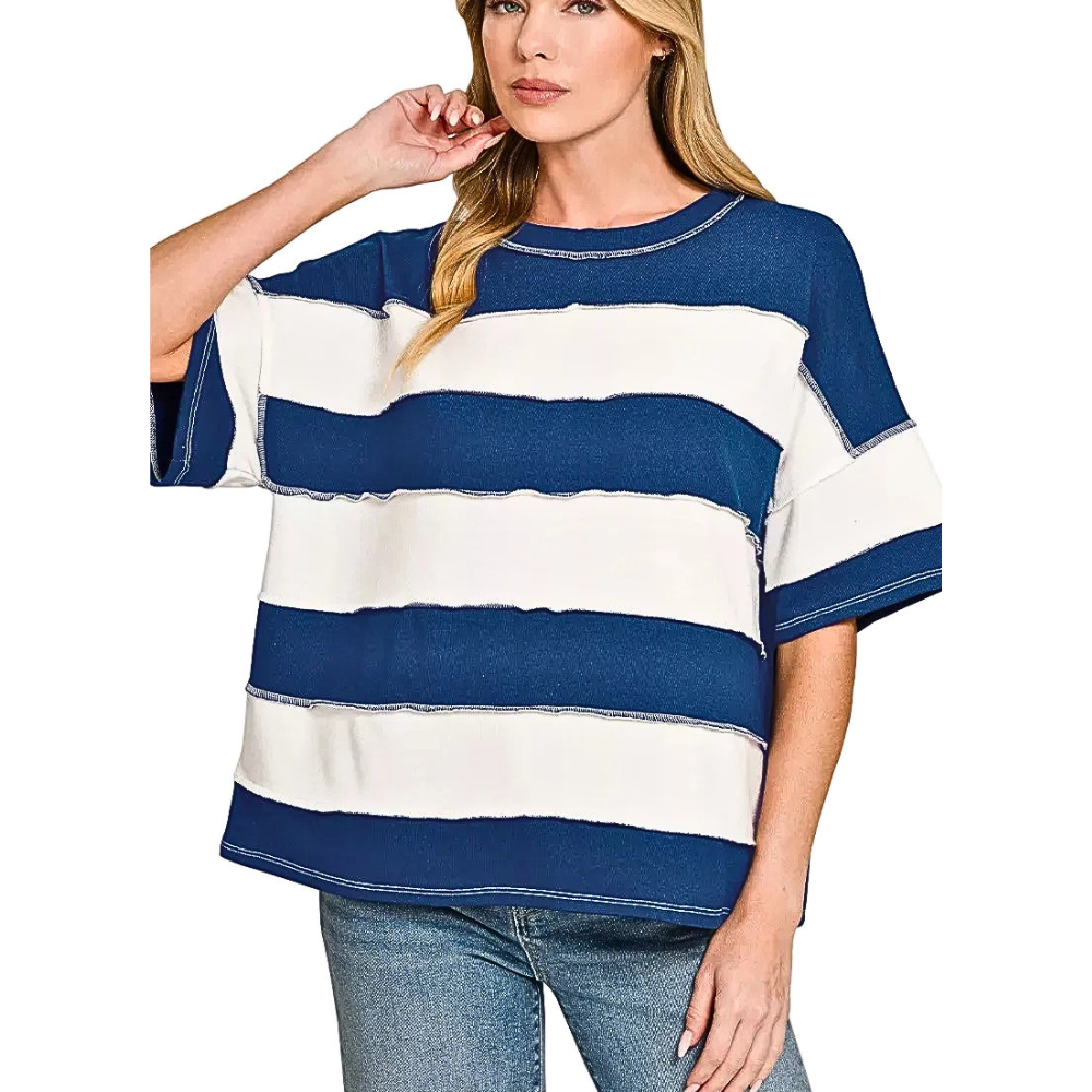 Zenana Casual Stripe T-shirt Cotton Blend Navy Blue French Terry Loose Top