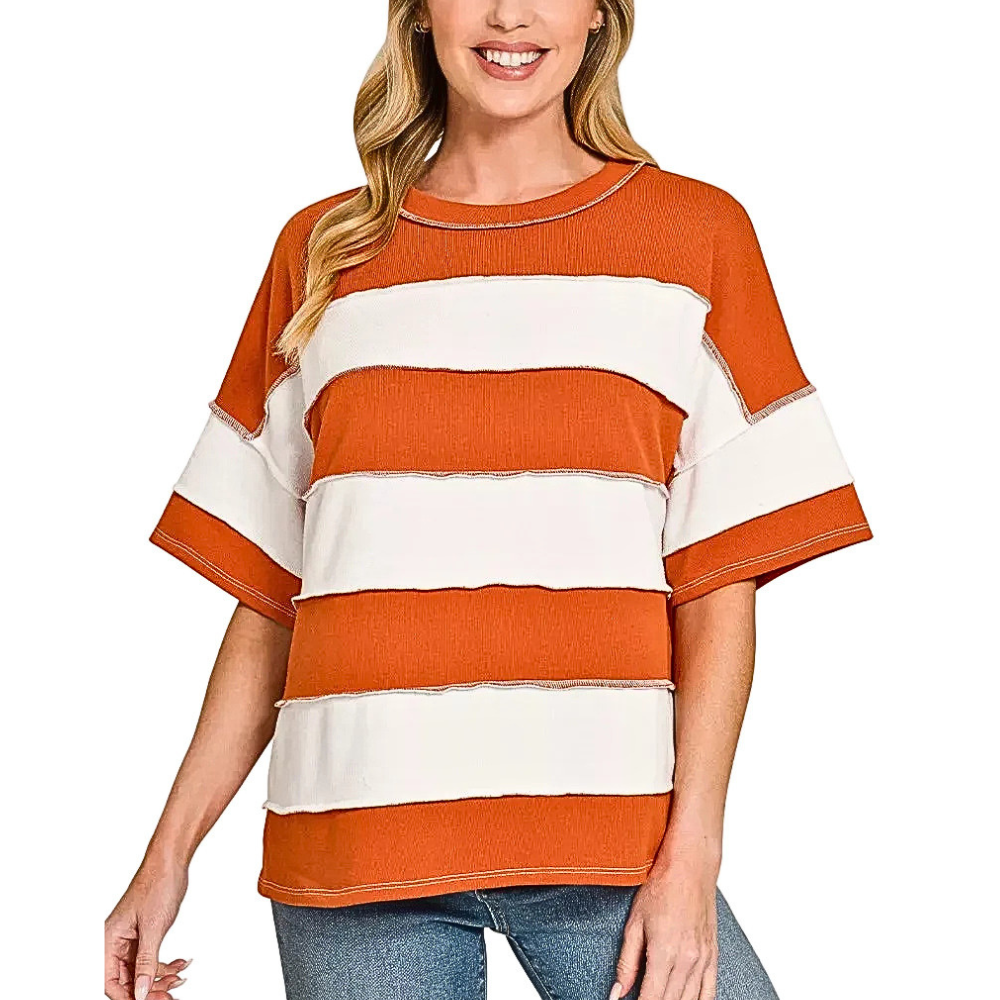 Zenana Casual Striped Top Orange French Terry Exposed Seam Short Sleeve