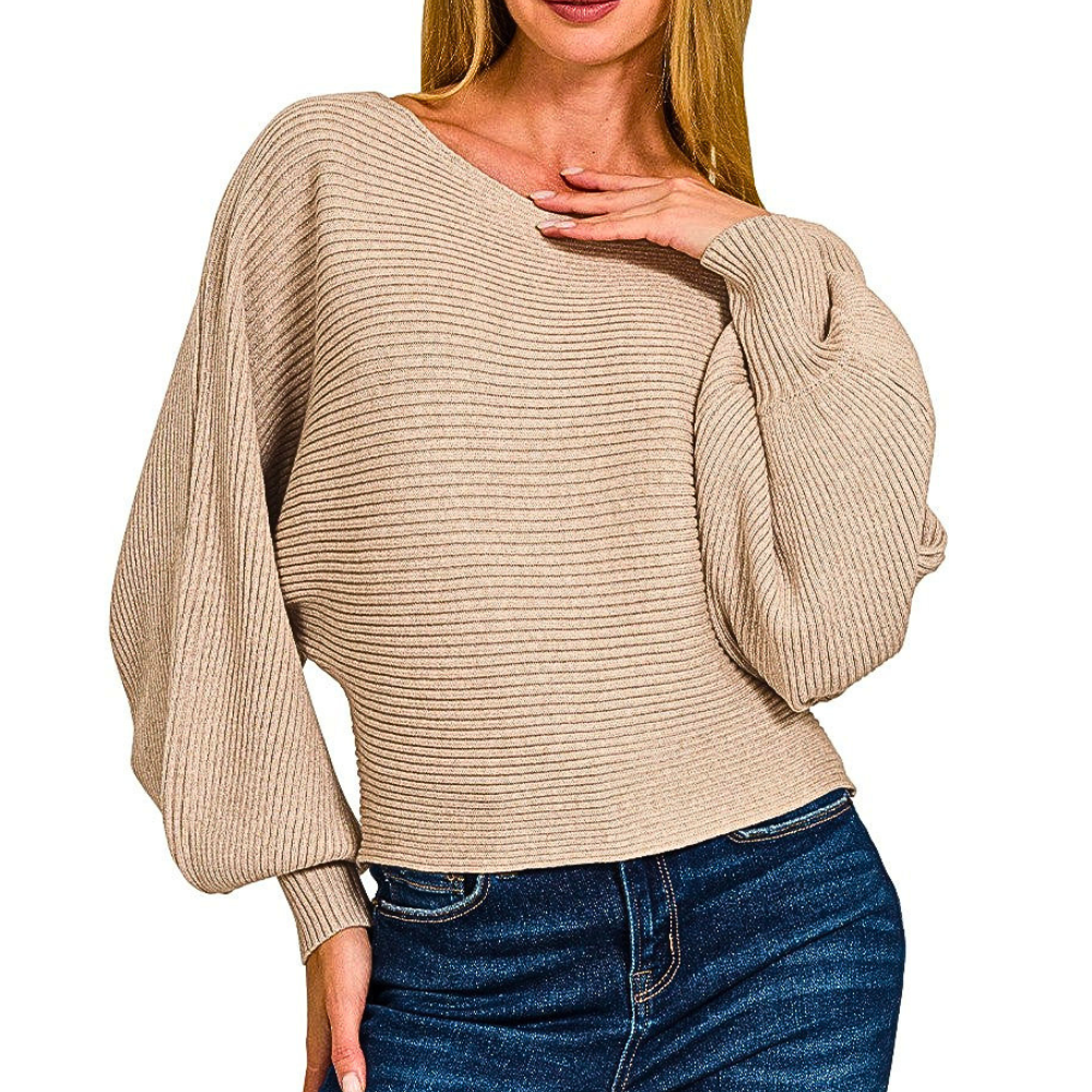 Zenana Casual Sweater Boat Neck Balloon Long Sleeve Lightweight Knit Top Mocha