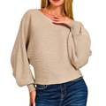 Zenana Casual Sweater Boat Neck Balloon Long Sleeve Lightweight Knit Top Mocha