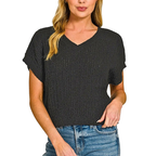 Zenana Casual Sweater Textured Knit V-Neck Cropped Black Short Sleeve Top