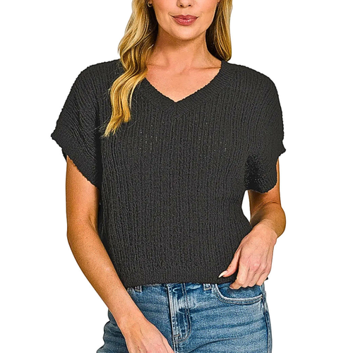 Zenana Casual Sweater Textured Knit V-Neck Cropped Black Short Sleeve Top