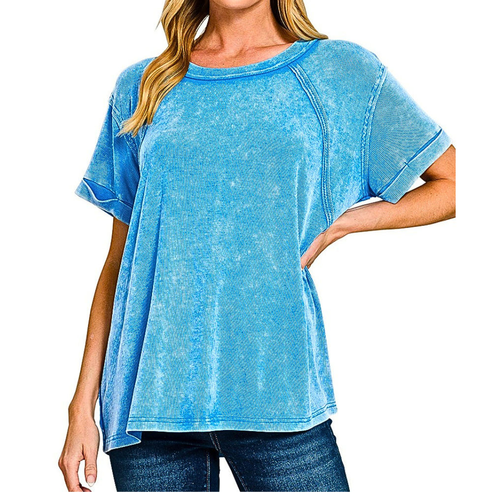 Zenana Casual T-shirt Blouse Deep Sky Washed Ribbed Short Sleeve Round Neck Top