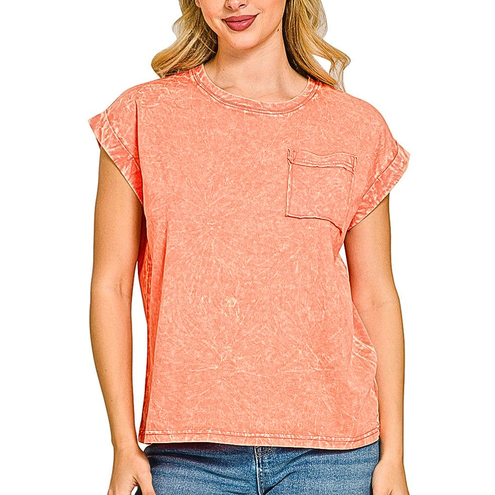 Zenana Casual T-shirt Cotton Crinkle Washed Coral Short Sleeve Basic Loose Blouse
