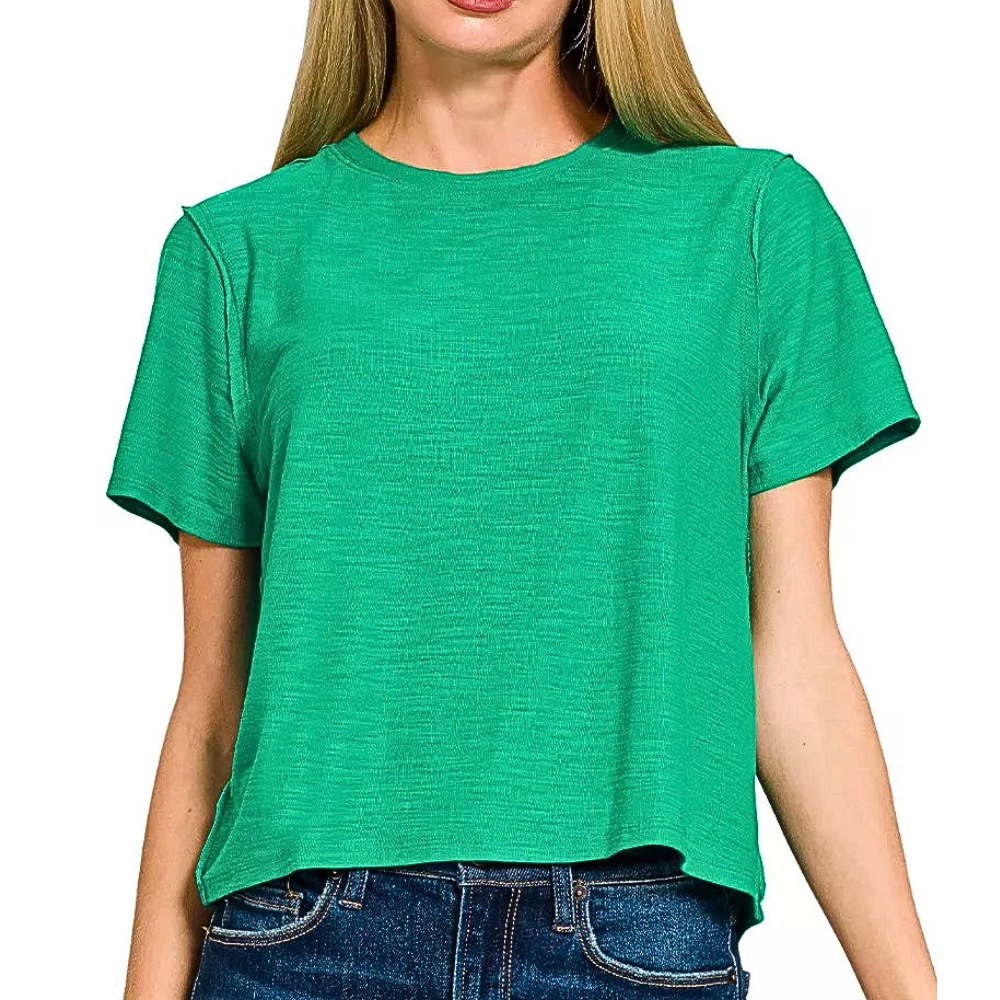 Zenana Casual T-shirt Green Soft Lightweight Round Neck Short Sleeve Top Tee