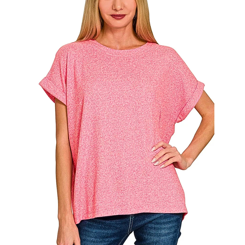 Zenana_Casual_T-shirt_Soft_Melange_Hacci_Short_Sleeve_Round_Neck_Fuchsia_Top