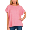 Zenana_Casual_T-shirt_Soft_Melange_Hacci_Short_Sleeve_Round_Neck_Fuchsia_Top