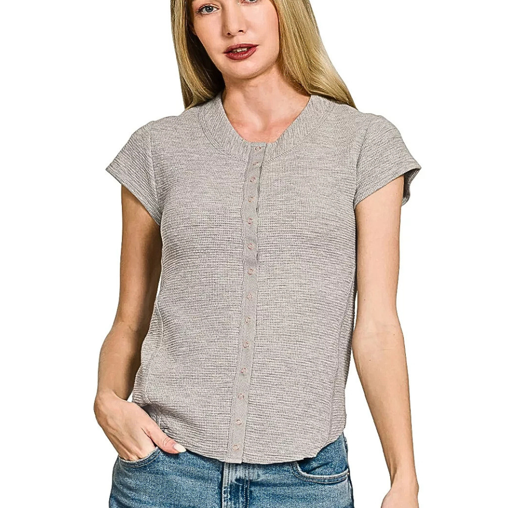Zenana Casual Woven Shirt Snap Button Short Sleeve Cotton Blend Gray Top