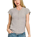 Zenana Casual Woven Shirt Snap Button Short Sleeve Cotton Blend Gray Top