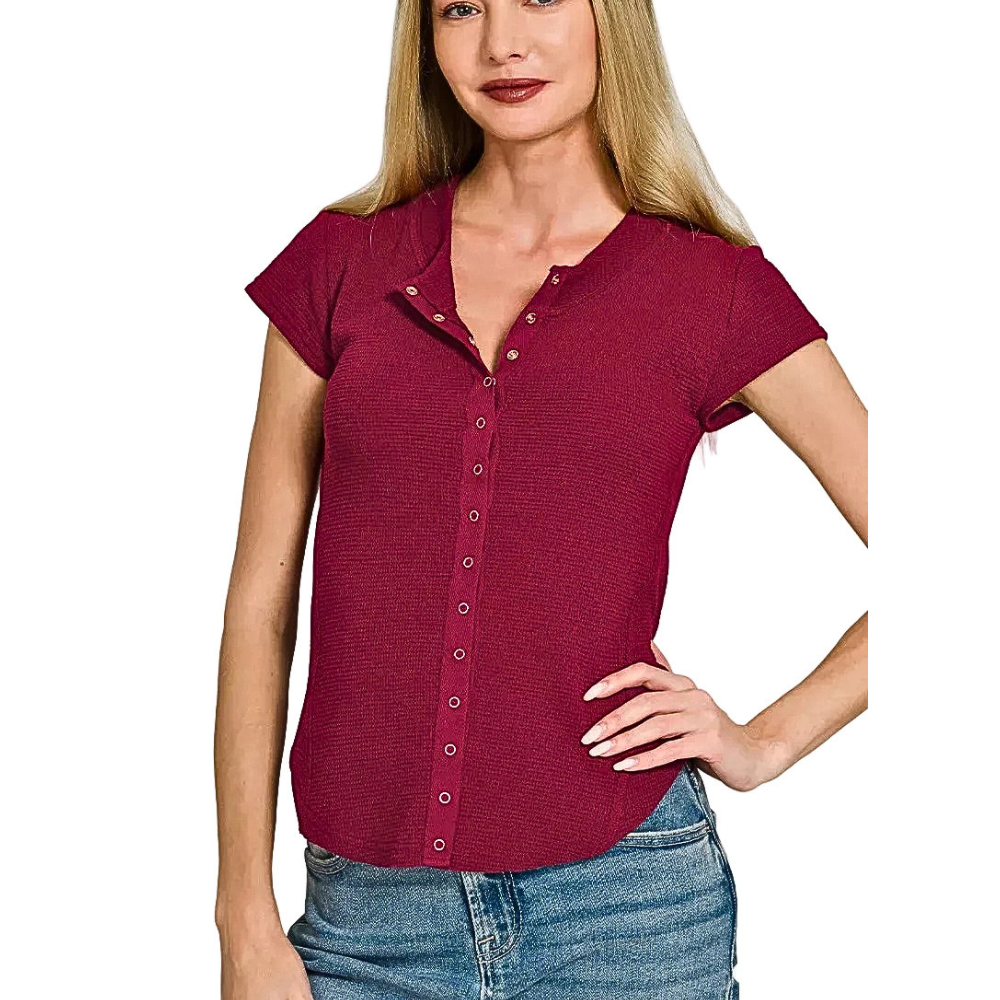 Zenana Casual Woven Shirt Snap Button Short Sleeve Cotton Blend Burgundy