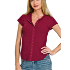 Zenana Casual Woven Shirt Snap Button Short Sleeve Cotton Blend Burgundy