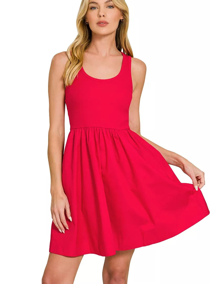 Zenana Combined Knit & Woven Mini Dress Women Casual Two‑Tone Outfit Red - Styleinger