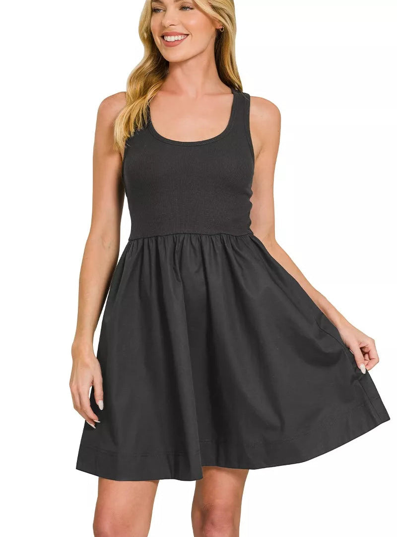 Zenana Combined Knit & Woven Mini Dress – Women’s Casual Black Dress