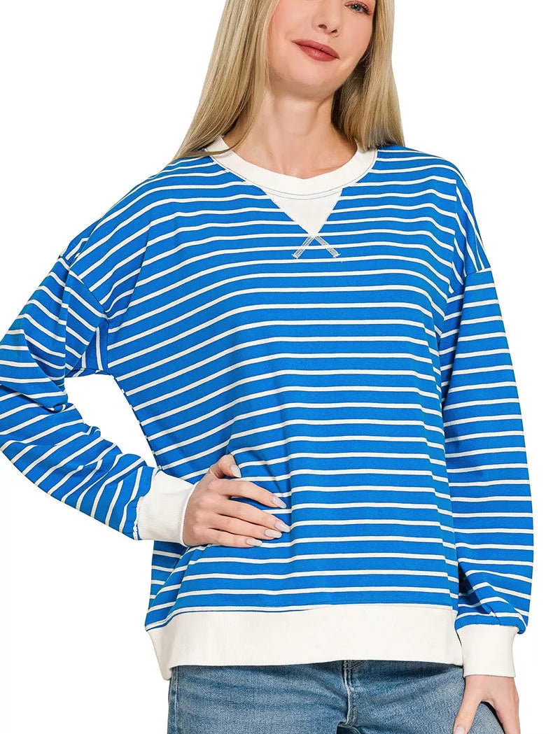 Zenana Contrast Striped Round Neck Sweatshirt Blue Women’s Casual Pullover- STYLEINGER