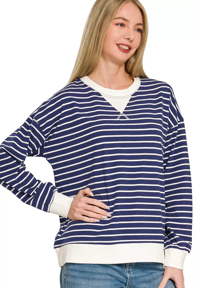 Zenana Contrast Striped Round Neck Sweatshirt