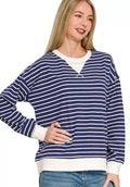 Zenana Contrast Striped Round Neck Sweatshirt