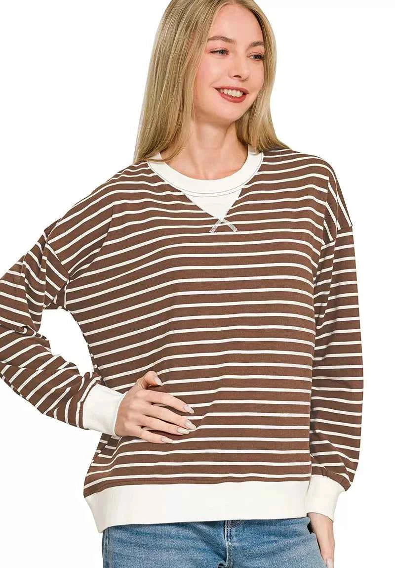 Zenana Contrast Striped Round Neck Sweatshirt Women’s Casual Knit Pullover Brown