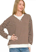 Zenana Contrast Striped Round Neck Sweatshirt Women’s Casual Knit Pullover Brown