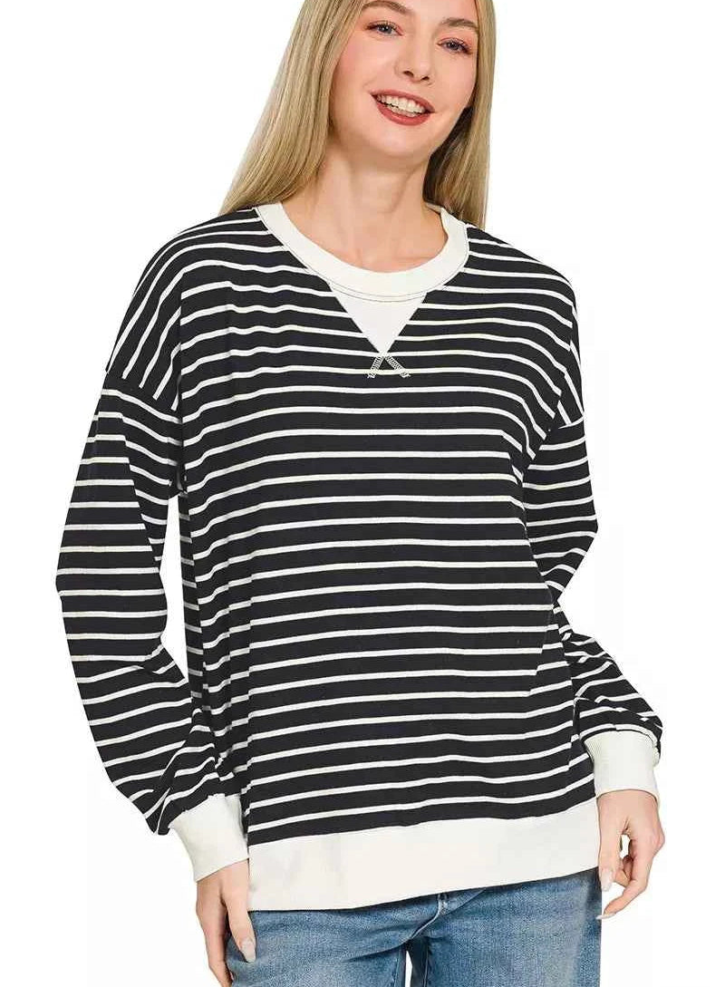 Zenana Contrast Striped Round Neck Sweatshirt
