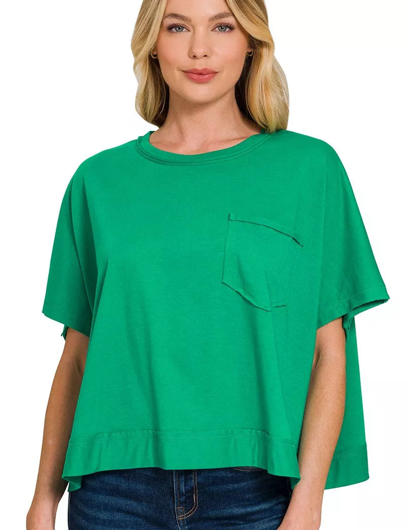 Zenana Cotton Boxy T-shirt Green Exposed Seam Top Women Casual Loose Fit Tee - Styleinger