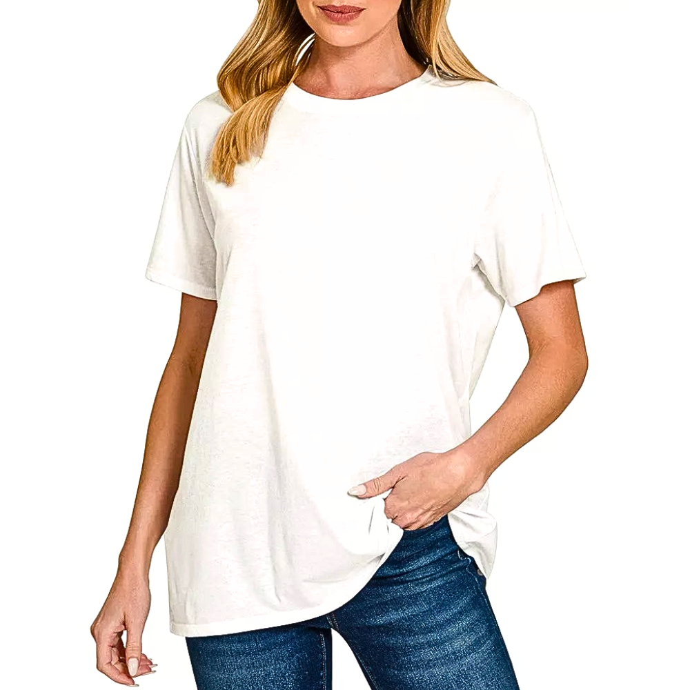 Zenana Cotton Boyfriend T-shirt White Casual Basic Round Neck Short Sleeve Top Tee