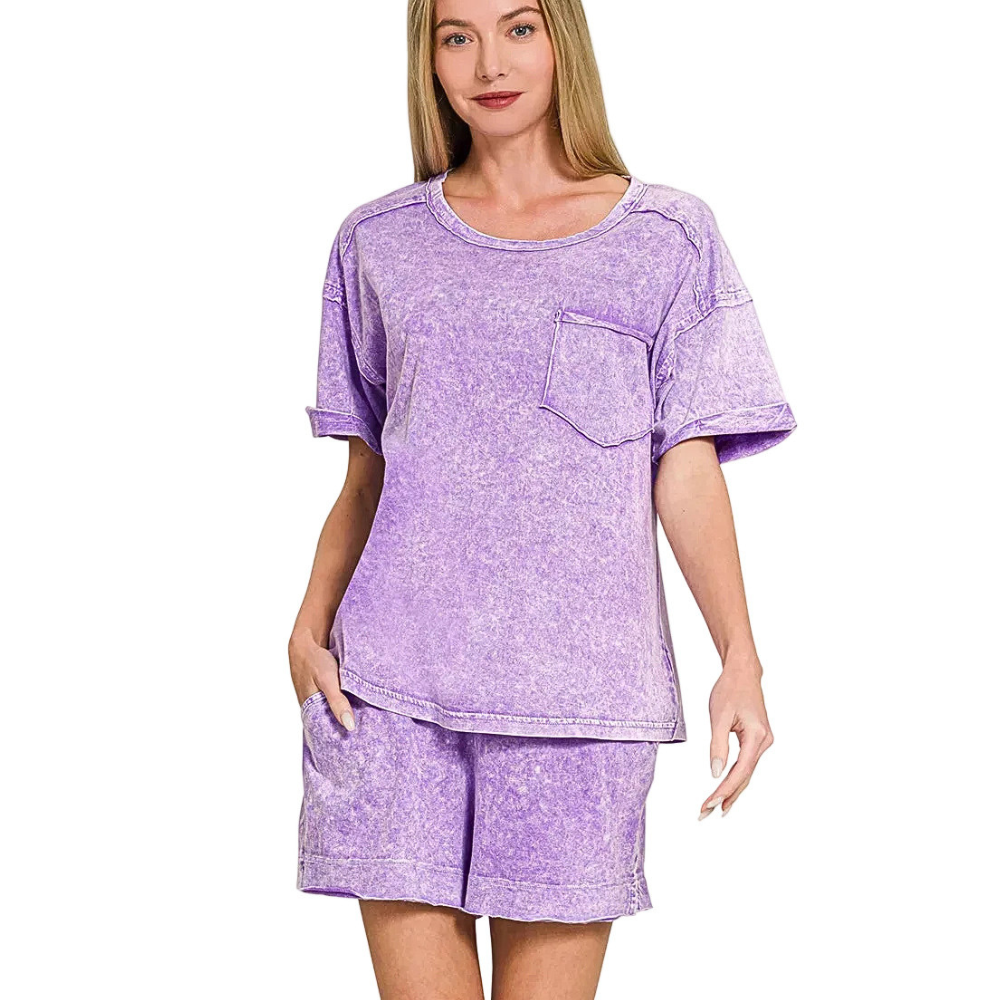 Zenana Cotton Casual Outfit Set Violet Halo Snow Washed T-shirt & Shorts 2 Pcs
