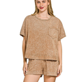Zenana Cotton Casual Set Brown Halo Snow Washed Short Sleeve Top and Shorts