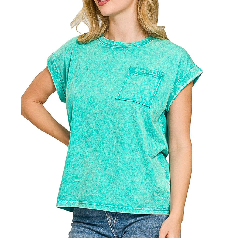 Zenana Cotton T-shirt Turquoise Crinkle Washed Short Sleeve Casual Basic Top Tee