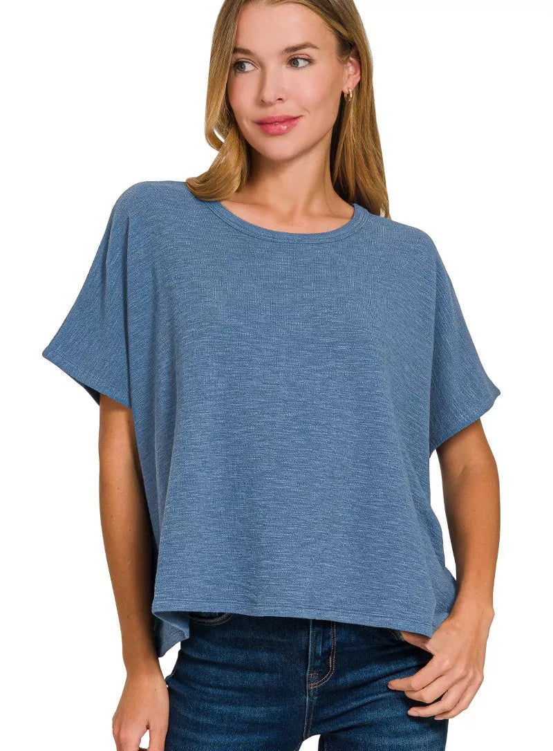 Zenana Cotton Women Casual T-shirt Dusty Blue Slub Oversized Tee Textured Top - Styleinger
