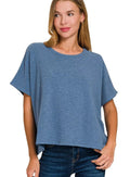 Zenana Cotton Women Casual T-shirt Dusty Blue Slub Oversized Tee Textured Top - Styleinger