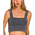 Zenana Crop Bra Top Seamless Wrinkle Stone Washed Black Ruched Strappy Blouse