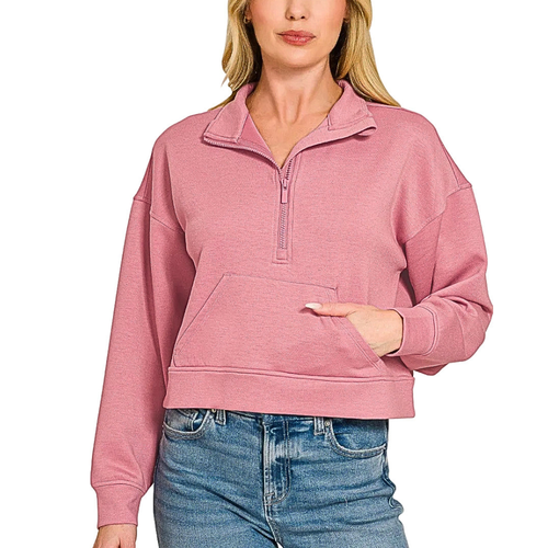 Zenana Crop Sweatshirt Scuba Half-Zip Kangaroo Pocket Casual Rose Long Sleeve