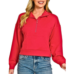 Zenana Crop Sweatshirt Scuba Half-Zip Kangaroo Pocket Casual Ruby Red Long Sleeve