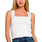 Zenana Crop Tank Top White Seamless Square Neck Sleeveless Casual Blouse
