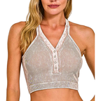 Zenana Cropped Bra Tank Top Seamless V-Neck Snap Ash Mocha Washed Ribbed