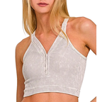 Zenana Cropped Bra Tank Top Washed Ribbed Seamless V-Neck Button Backless
